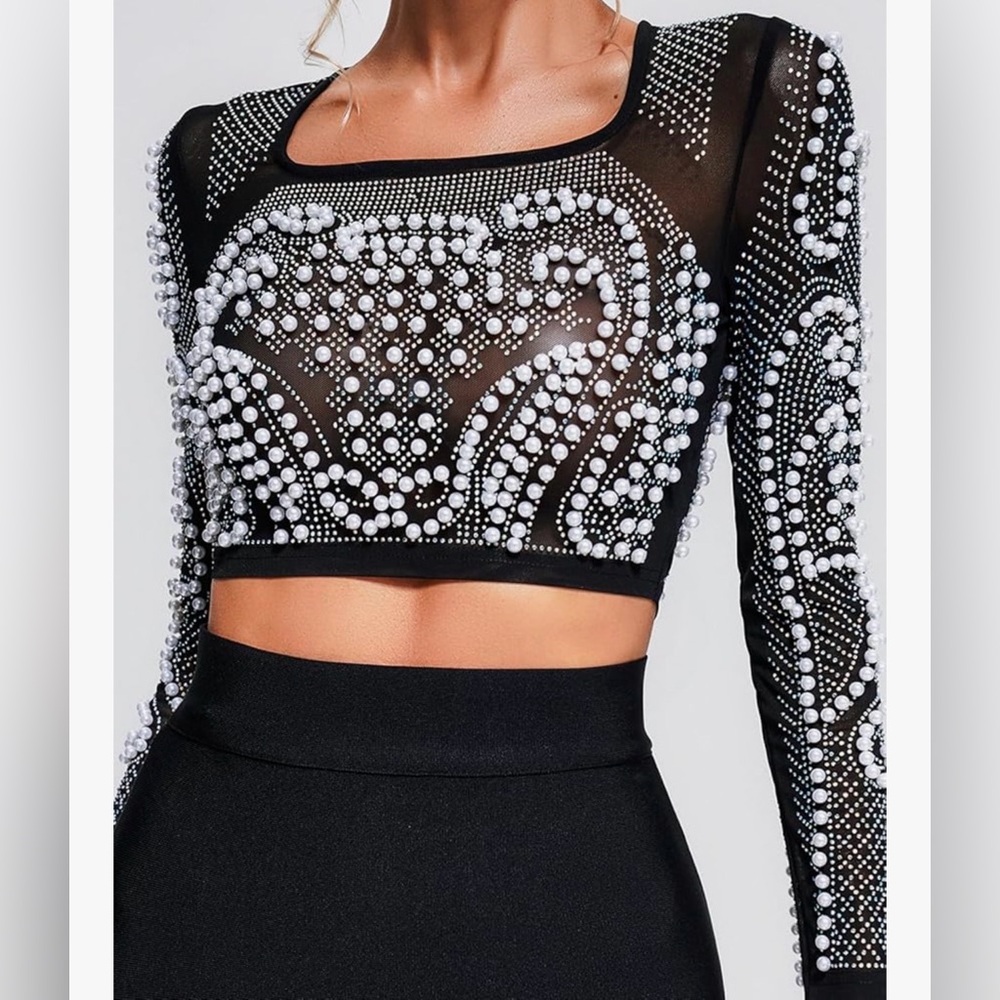 Elegant Black and White Beaded Crop Top